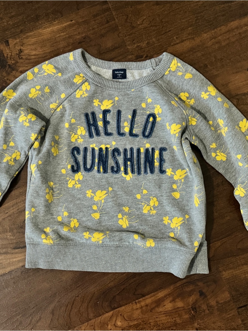 GAP Gray Sweatshirt with Yellow Floral Print and Navy 'HELLO SUNSHINE'
